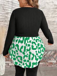 SHEIN LUNE Plus Size Solid Color Printed Patchwork Round Neck Long Sleeve Top - Green - View 2