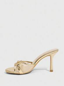 CUCCOO SZL Mules de tacón alto con puntera puntiaguda, de estilo sexy y elegante, con parches de malla metálica dorada y hebilla de hueso dorada