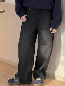 DAZY 青少年男童宽松直筒休闲牛仔裤，秋季街头酷炫风 - 黑色 - 查看 6