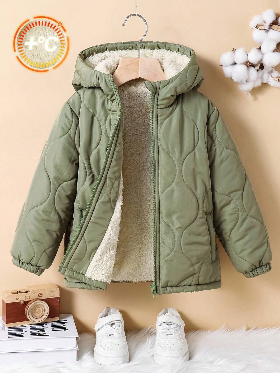 SHEIN 男童保暖加厚绗缝连帽拉链外套，秋季款 - 軍綠色 - 查看 1