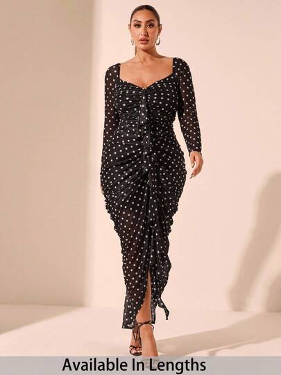 SHEIN Tall CURVE Plus Size Autumn And Winter Polka Dot Print Elegant Ruffle Long Sleeve Dress Suitable For Dating, Party, Afternoon Tea