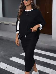 SHEIN LUNE 2pcs/Set Women Casual Batwing Sleeve Ribbed Contrast Binding T-Shirt And Drawstring Waist Pencil Skirt, Spring/Autumn - Black - View 4