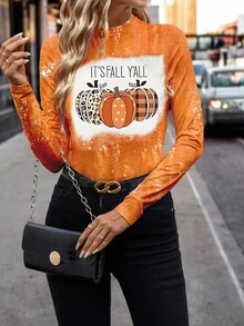 SHEIN Clasi Orange Pumpkin Print Turtleneck Long Sleeve Fitted Women T-Shirt, Suitable For Autumn/Winter - Orange - View 4