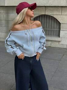 INAWLY Chaqueta con capucha de manga larga con hombros descubiertos, cremallera y estampado floral gris para mujer, para uso casual y deportivo al aire libre - Gris - Ver 3
