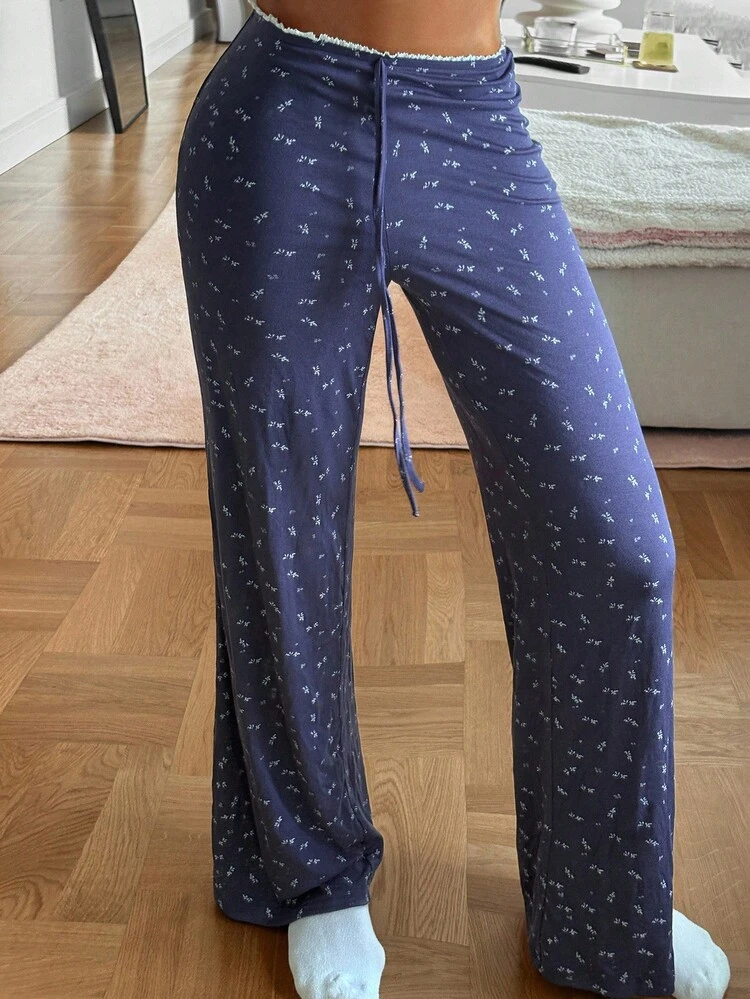 Ditsy Floral Contrast Trim Waistband Design Women Pajama Bottoms, Fall, Winter