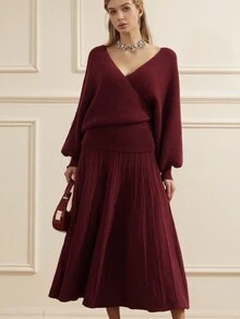 Aveloria Rosie Women's Wine Red V-Neck Faux Wrap Design Cinched Waist Batwing Sleeve Sweater & Pleated A-Line Long Skirt 2 Pieces Set, Autumn/Winter - Red - View 6