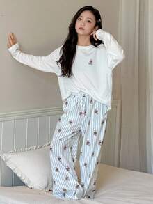 Dazy Kids 女童泰迪熊印花落肩宽松长袖上衣和阔腿裤睡衣套装，春秋季 - 白色 - 查看 6