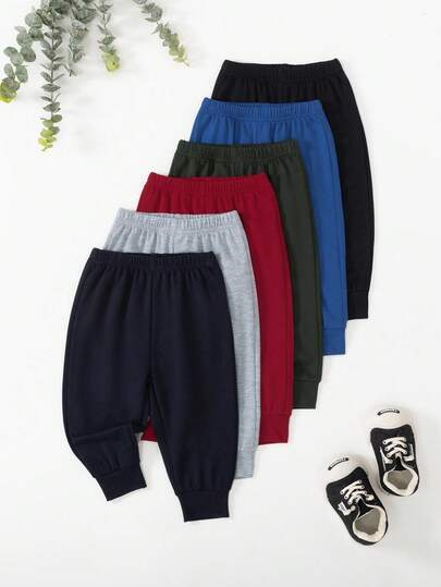 SHEIN Playful Pals 6pcs Baby Boy Baby Girl Unisex Infant Toddler Street Style Casual Sports Pants, Soft And Comfortable Fabric, Suitable For Daily Wear, School, Campus And Autumn/Winter College Style Fall Baby Boy Pants Pack Baby Boy Joggers Pants Plain Baby Pants Baby Trousers 6M-3T