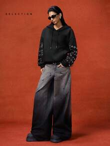 LYSMO 2025新款简约秋冬铆钉装饰宽松连帽衫黑色连帽衫女款女士连帽衫黑色运动衫连帽衫带孔眼连帽衫 - 黑色 - 查看 9