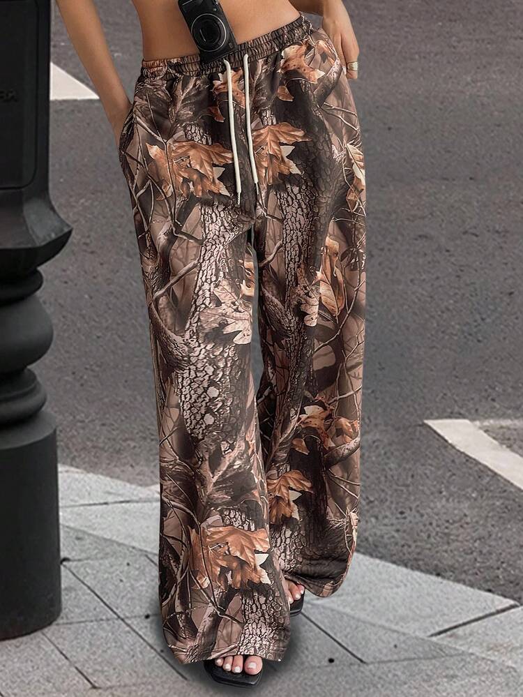 Women's Cinched Waist Textured All-Over Print Loose Straight Leg Casual Street Pants