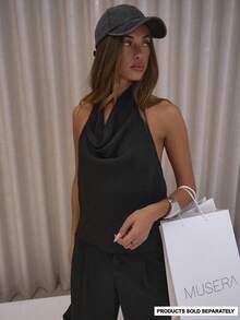 MUSERA Top sin mangas de cuello halter con espalda baja drapeada, elegante y sexy para salir, otoño, invierno, fiestas, vacaciones, primavera y verano - Negro - Ver 1