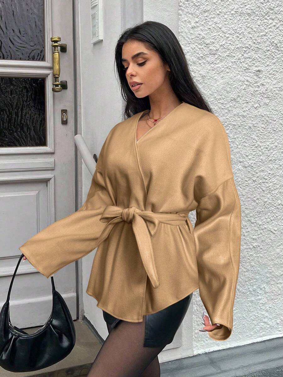 SHEIN EZwear 秋冬女士时尚优雅纯色落肩长袖系腰羊毛混纺大衣 - 駝色 - 查看 1