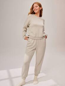 LUVLETTE Autumn And Winter Winter Classic Crewneck Basics Pajama Loungewear Sweatshirt Casual Comfy Outfits Activewear Lingerie As Outerwear Fall Pajamas Clothes Lounge Sets For Women & Pajama Dressing - Beige - View 7