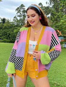 Solflare Plus Dopamine Striped & Checkered Pattern Drop Shoulder Cardigan In Fall/Winter