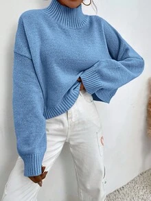 EURMUSE 休闲纯色立领毛衣，秋冬季 - 藍色 - 查看 4