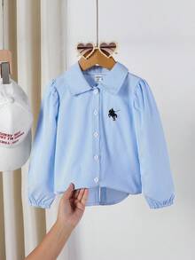 2025款女童（4-7岁）可爱条纹衬衫，长袖设计，时尚刺绣学院风，秋冬百搭 - 藍色 - 查看 4