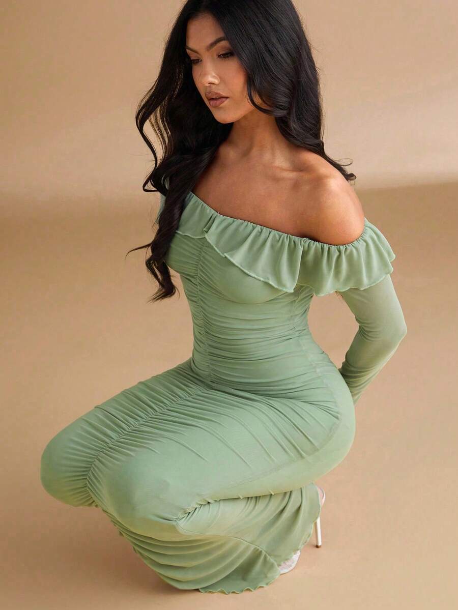 Silquee 鼠尾草绿色飘逸荷叶边露肩长袖优雅连衣长裙，性感别致，适合浪漫约会、派对、情人节、日常穿着、休闲外出、夜总会、派对、鸡尾酒会、泳池派对、学校季节、节日、女士连衣裙、婚礼、海滩活动、夜间外出和聚会 - 薄荷綠 - 查看 1