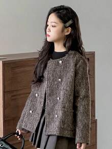 DAZY Tween Girl 1pc Double Breasted Shoulder Pad Overcoat Fall/Winter - Brown - View 5