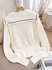 GlowEve 女士休闲海军蓝领结针织毛衣，秋冬 - 白色 - 查看 2