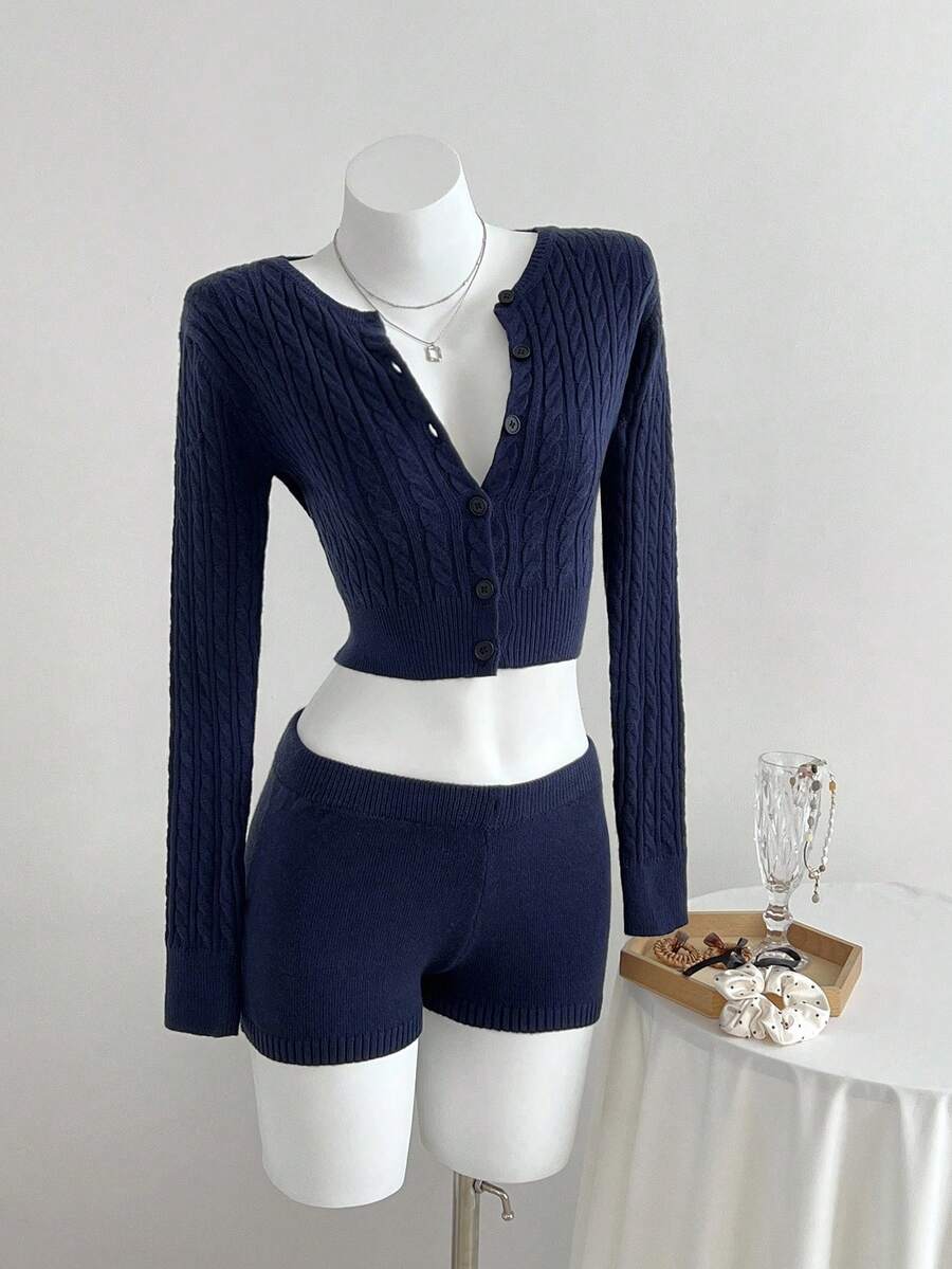 SHEIN Unity 女士两件套简约时尚百搭休闲日常针织衫套装。秋冬必备单品。 - 藏蓝色 - 查看 1