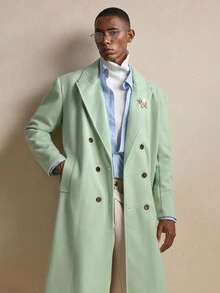 Business Casual AKNOTIC 男士纯色双排扣大衣，圣诞派对宴会商务休闲秋冬长袖大衣，单排扣，男友礼物，节日保暖 - 綠色 - 查看 1