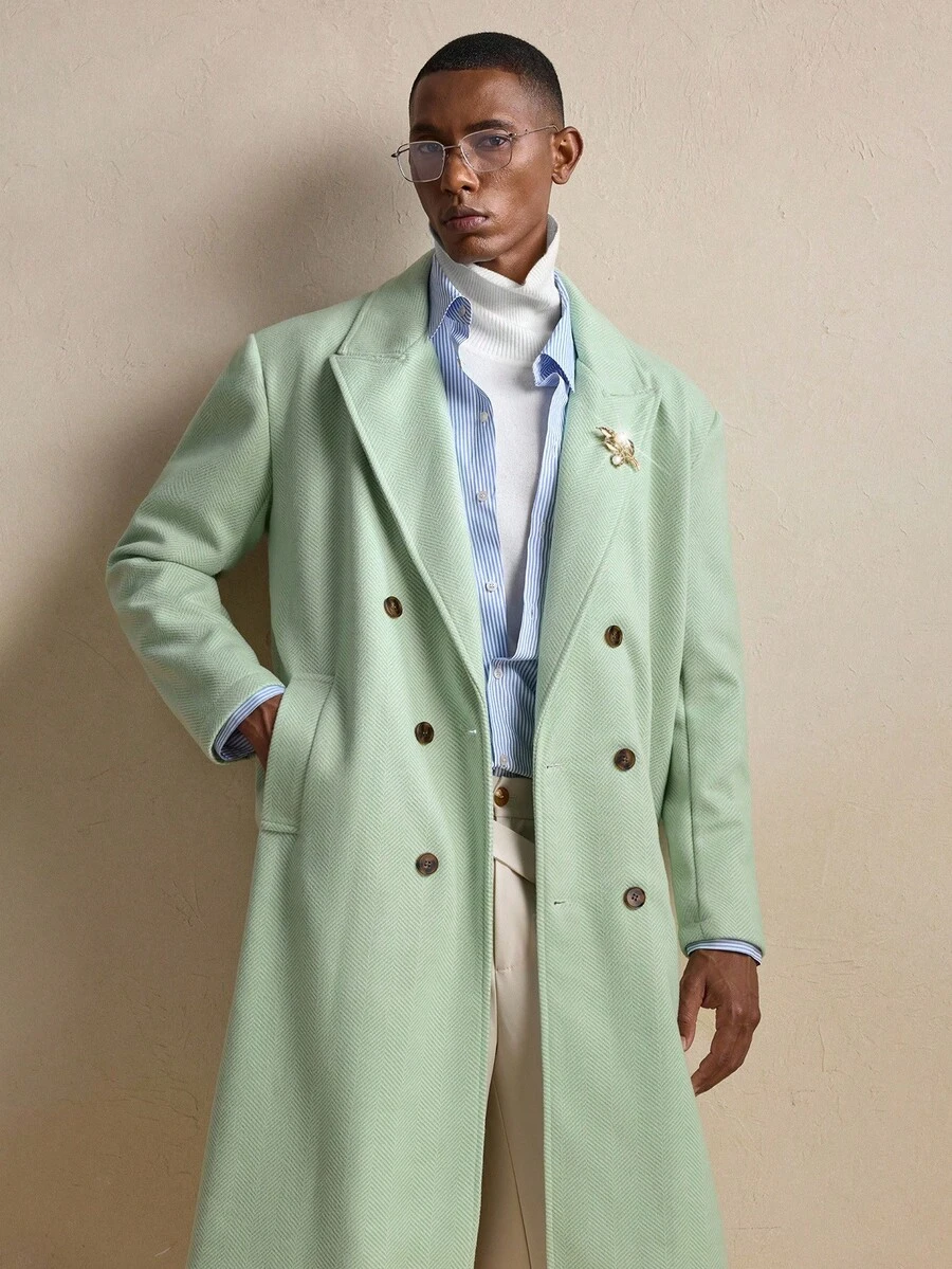 Business Casual AKNOTIC 男士纯色双排扣大衣，圣诞派对宴会商务休闲秋冬长袖大衣，单排扣，男友礼物，节日保暖 - 綠色 - 查看 1
