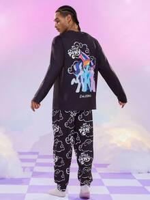 My Little Pony X SHEIN Men's Casual Cute Cartoon Unicorn & Letter Graphic Long Sleeve Top And Pants Loose Pajama Set, Spring/Autumn Y2k Long Sleeve Men Rave Outfits For Men