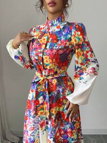 Elenzga Printed Casual Long Sleeve Tie-Waist Women Long Dress