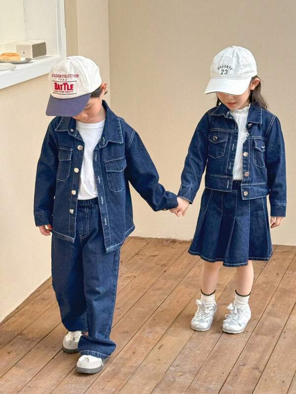 Genkimix Kids 2pcs/Set Toddler Boys Autumn Outfit Long Sleeve Collared Shirt & Straight Leg Denim Jeans Pants, Fashionable Casual Street Style Fall Winter