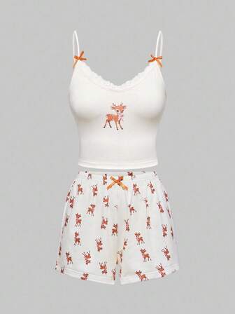 Kawaii Set pigiama natalizio da donna con top a canotta in pizzo con stampa di cervi e pantaloncini con stampa di cervi
