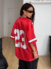 Coolane Women's & Men's Summer Streetwear Y2K Cute Concert Graphics Number Pattern Loose V-Neck Jersey T-Shirt - Red - View 6