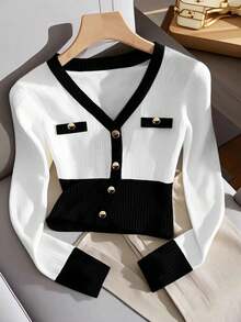 Franclia Women's Fashionable Elegant Deep V-Neck Long Sleeve Contrast Color T-Shirt - Black and White - View 4