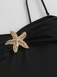Swim Oasis 2pcs/Set Women One-Piece Swimsuit + Mesh Skirt Two Pieces Set, Off Shoulder, Starfish Decor, Solid Color, Fashionable Casual Vacation Swimwear, Spring/Summer