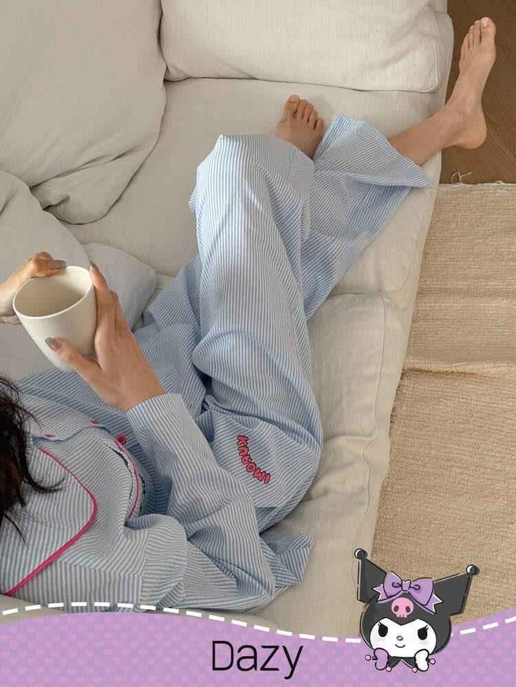 DAZY HELLO KITTY AND FRIENDS | SHEIN 女士卡通图案条纹撞色滚边彼得潘领上衣和裤子睡衣套装，秋冬服装 - 藍色 - 查看 4