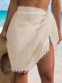 Swim Vcay Vacation Casual Beach Wrap Towel With Tassel Pom Pom, Bohemian Style Sarong & Skirt For Summer
