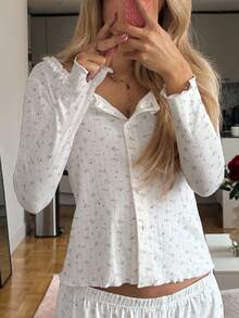 Livesso Set pigiama casual da donna in tessuto lavorato a maglia bianco, manica lunga, collo tondo, con bordo a lattuga e stampa floreale ditsy, abbigliamento invernale