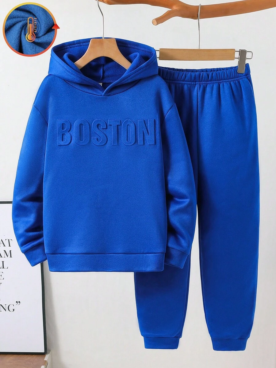 SHEIN 2 件儿童/青少年男童休闲字母压花连帽运动衫和休闲纯色针织裤套装,适合通勤、上学、休闲、旅行、运动、春夏/秋冬 - 寶藍色 - 查看 1