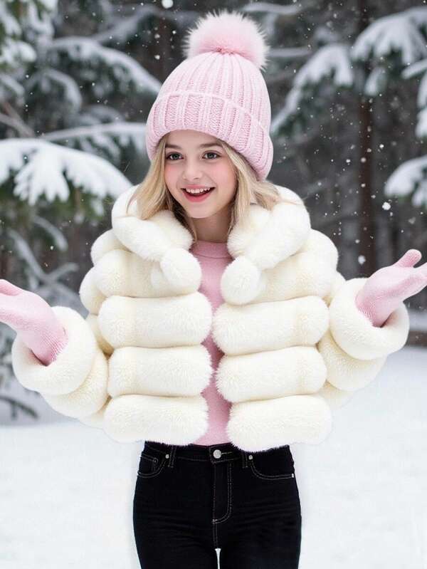 SHEIN 1 szt. dziewczęca miękka kurtka ze sztucznego futra, elegancki długi rękaw, krótki dopasowany płaszcz z kapturem, odpowiedni na jesień/zimę