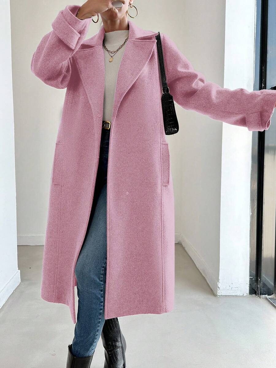 EURMUSE Ladies' Solid Color Woolen Coat With Lapel, Tie Waist Belt - Pink - View 1