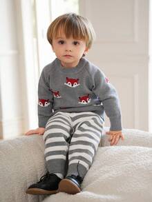 SHEIN 幼儿男童毛衣套装，狐狸条纹提花宽松毛衣两件套，适合秋冬季