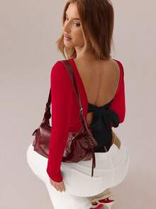 SHEIN SXY Áo đen; Áo thun nữ hở lưng buộc dây gợi cảm tương phản; Áo thun nữ cổ tròn tay dài màu đen trơn dáng ôm, thích hợp cho hẹn hò, trẻ trung và gợi cảm, đi chơi hàng ngày, trang phục mùa thu, trang phục hẹn hò du lịch hàng ngày; trang phục công sở đi chơi hàng ngày - Đỏ - Xem 2