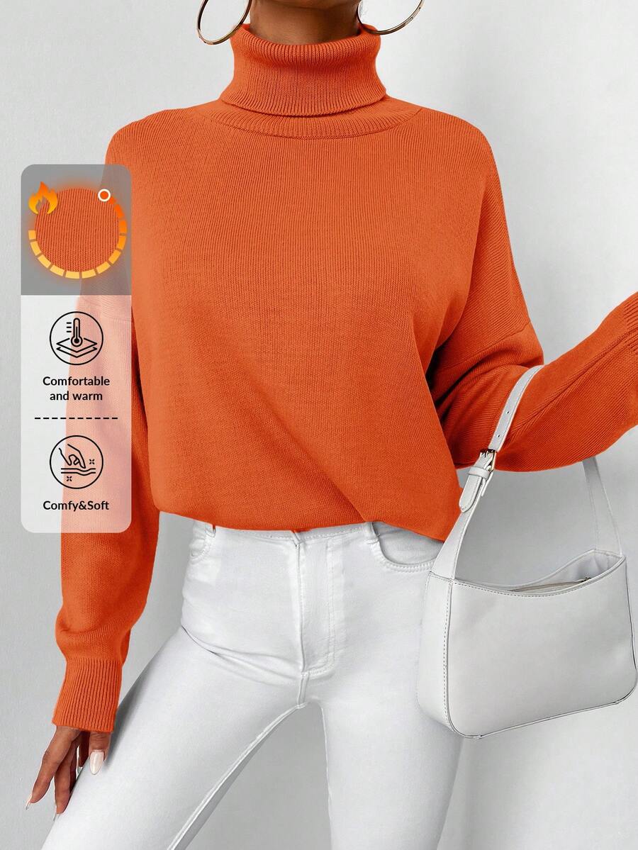 EURMUSE Turtleneck Drop Shoulder Sweater - Orange - View 1