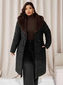 Auralis Plus Size Women's Autumn And Winter Fashion Casual Daily Brown Plush Splicing Black Mid-Length Waist Warm Coat,Women's Winter Clothes,Winter Outfits - Black - View 5
