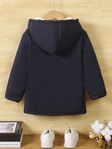 Genkimix Kids 1 件装小男孩休闲连帽夹克，海军蓝配米色羊毛面料，前口袋装饰，长袖，时尚迷人，适合 4-7 岁男孩日常休闲穿着 - 藏蓝色 - 查看 2