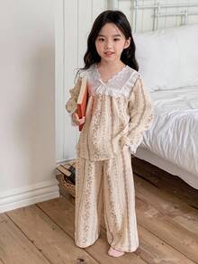 DAZY 女童碎花V领撞色拼接喇叭袖上衣和阔腿裤宽松睡衣套装，秋/春假期 - 杏色 - 查看 6