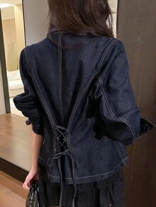 FRIFUL 女士牛仔衬衫，翻领，后背抽绳设计，修身款，百搭长袖 - 藍色 - 查看 6