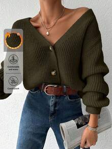 Cardigan lungo a manica lunga, monopetto, a costine, in tinta unita, per donna, casual