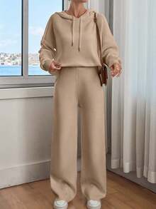 SHEIN Women Solid Color Drop Shoulder Hooded Pullover & Sweater Pants Set Linen