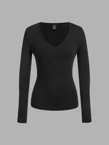 SHEIN EZwear 3 件套女士深 V 领紧身休闲长袖 T 恤套装，适合秋冬季 - 黑色 - 查看 7