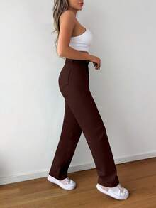 EURMUSE 100%Cotton High Waist Straight Leg Jeans - Brown - View 4